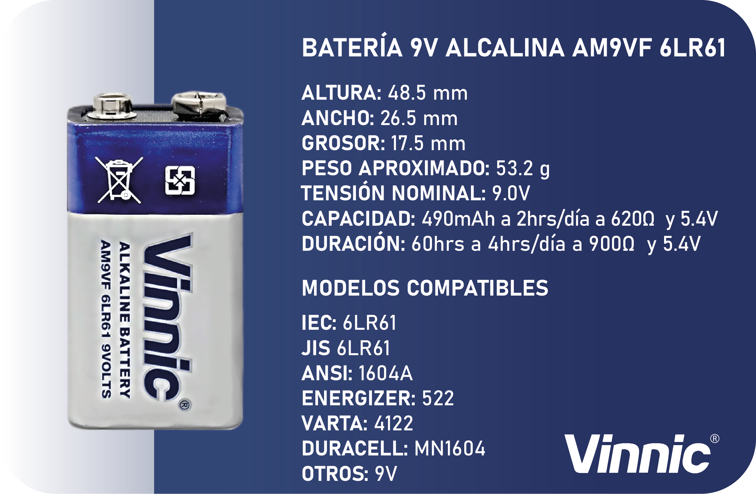 BATERIA 9V ALCALINA AM9VF 6LR61 9.0V